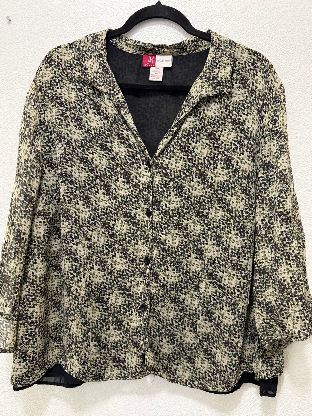 JM Collection Olive and Black Dotted Button-Front sheer lined blouse, 18W